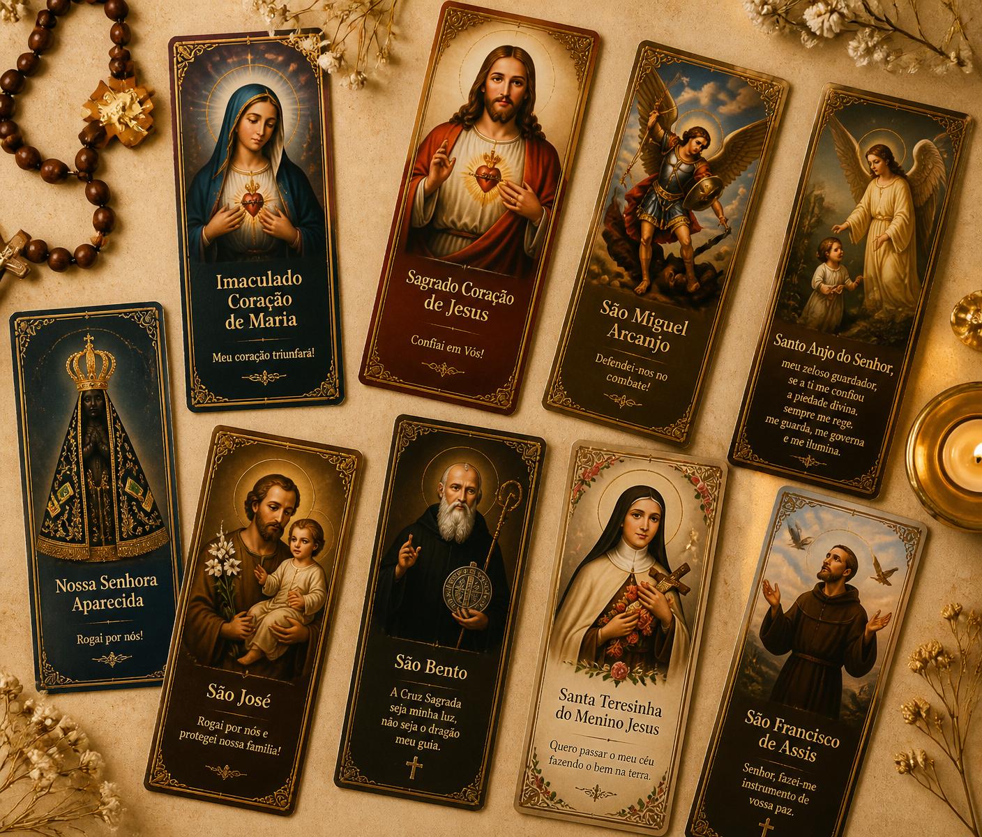 Coleção de 200 marcadores católicos premium com Maria, Jesus, santos e anjos